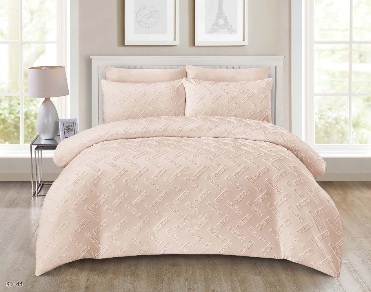 King Size Solid Color Unique Cut Flower Design Bedding Set: Duvet Cover, Fitted Bedsheet, 4 Pillowcases