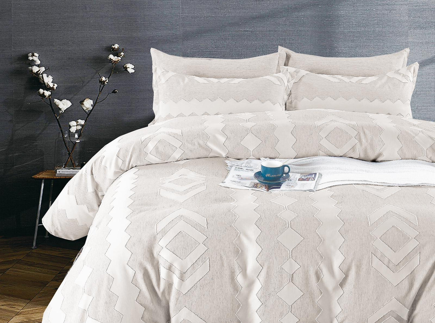 "King Size Solid Color Unique Cut Flower Design Bedding Set: Duvet Cover, Fitted Bedsheet, 4 Pillowcases" - SK HOME CENTER