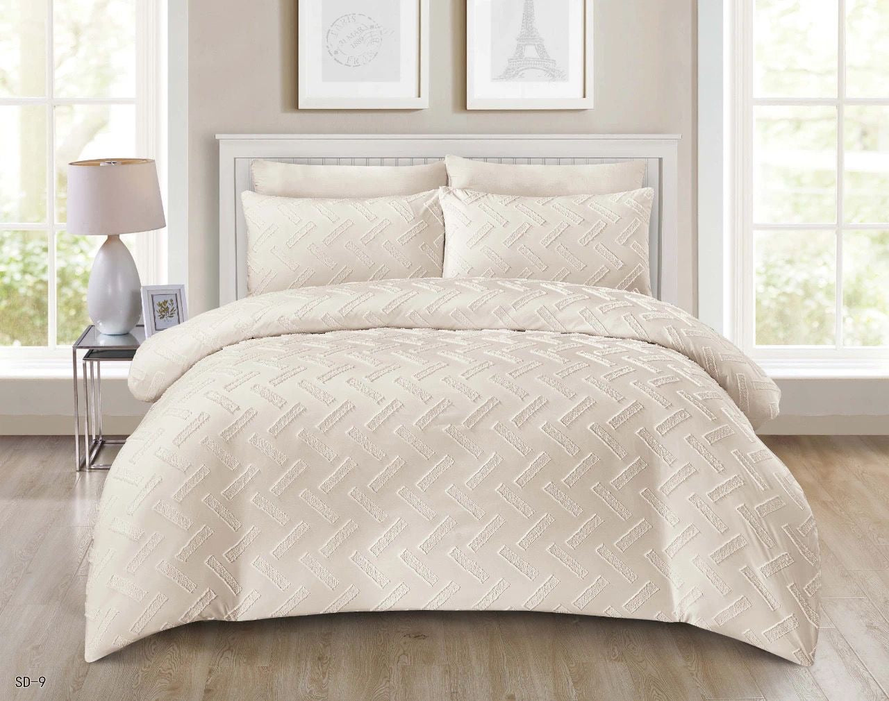 King Size Solid Color Unique Cut Flower Design Bedding Set: Duvet Cover, Fitted Bedsheet, 4 Pillowcases