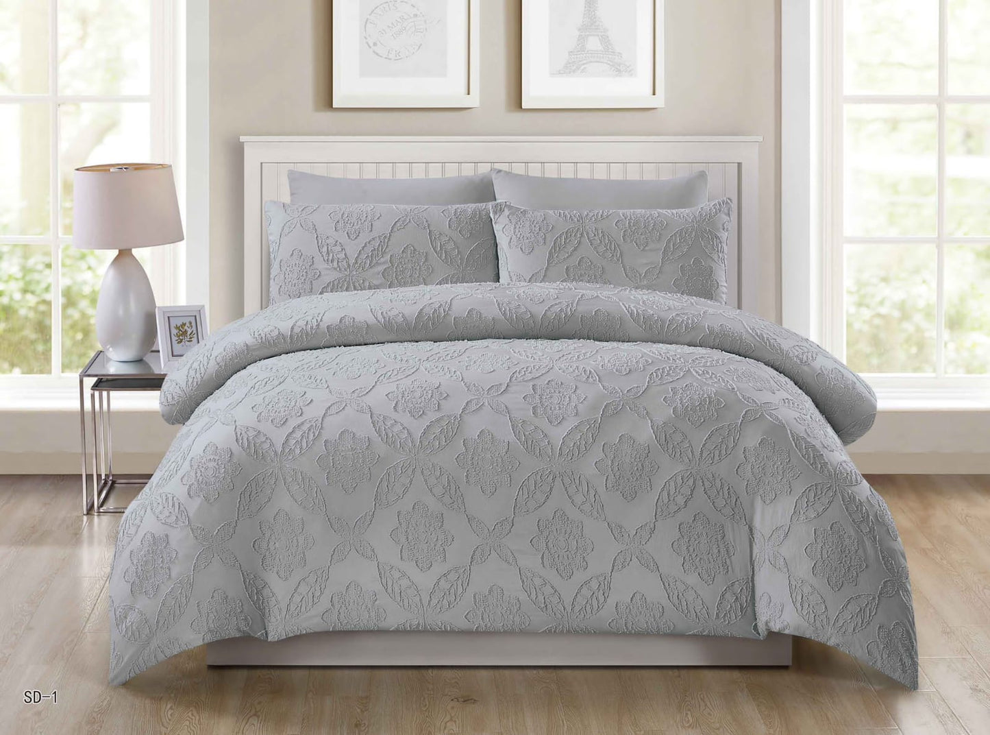 King Size Solid Color Unique Cut Flower Design Bedding Set: Duvet Cover, Fitted Bedsheet, 4 Pillowcases