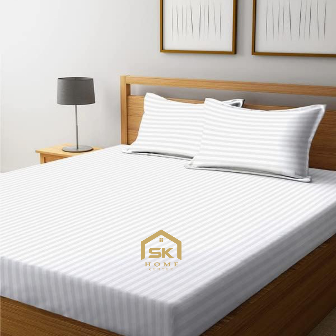 White Striped Fitted Bedsheet with 2 Pillowcases – 100% Cotton