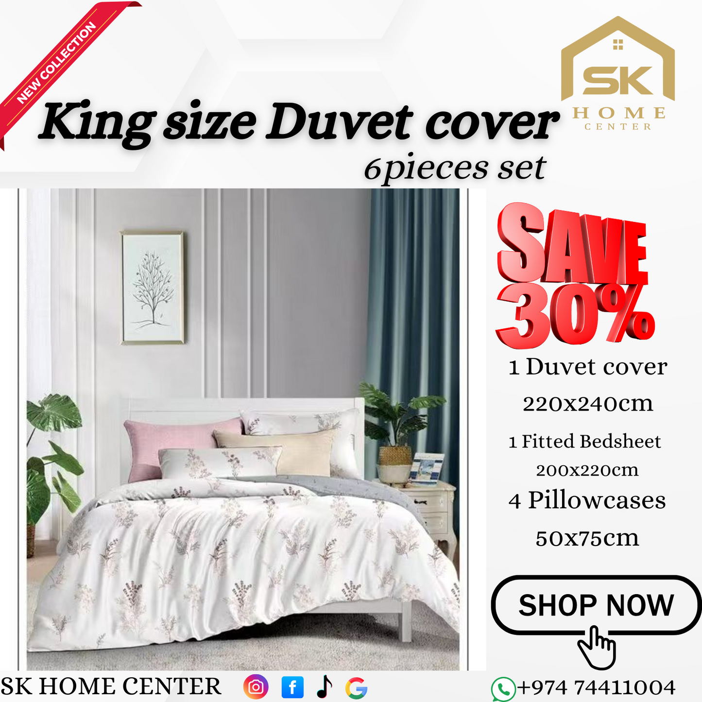 Floral King size Duvet cover, fitted bedsheet & 4 pillowcases set