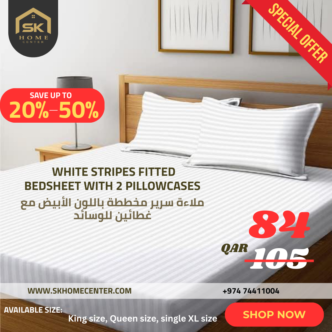 White Striped Fitted Bedsheet with 2 Pillowcases – 100% Cotton
