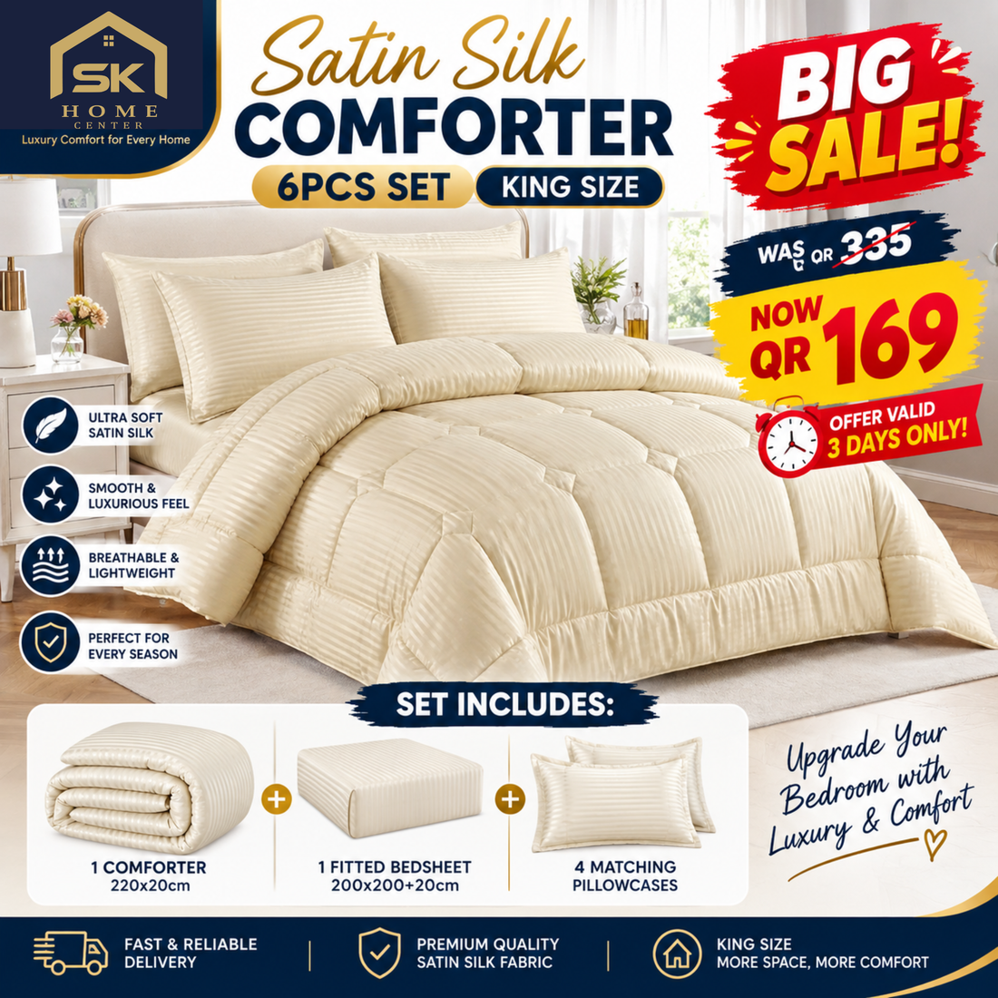 Big Sale: King Size Satin Silk Comforter Set for QAR 169
