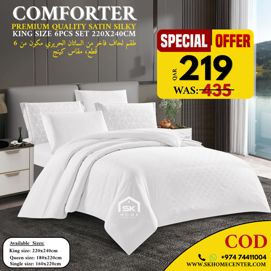 Premium satin-silky comforter 6-piece set in white, special offer QAR 219, available at SK Home Center