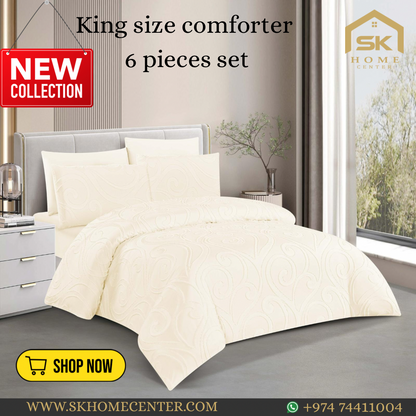 King Size Comforter Set 6-Piece | Cotton Fabric with Embroidery | Bedding Set with Fitted Sheet and Pillowcases