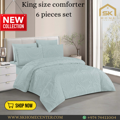 King Size Comforter Set 6-Piece | Cotton Fabric with Embroidery | Bedding Set with Fitted Sheet and Pillowcases