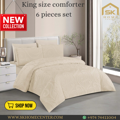 King Size Comforter Set 6-Piece | Cotton Fabric with Embroidery | Bedding Set with Fitted Sheet and Pillowcases