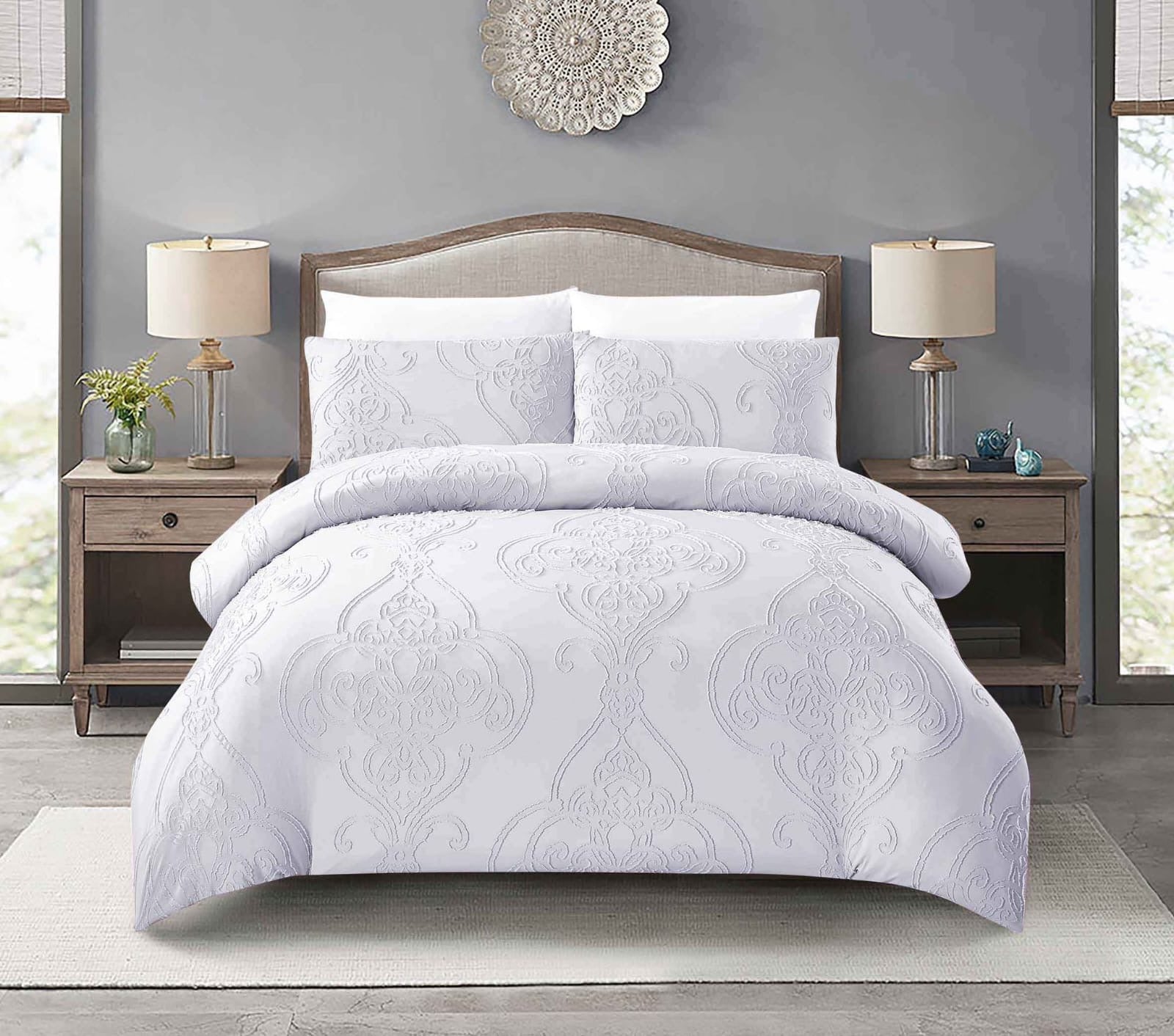 "King Size Solid Color Unique Cut Flower Design Bedding Set: Duvet Cover, Fitted Bedsheet, 4 Pillowcases" - SK HOME CENTER