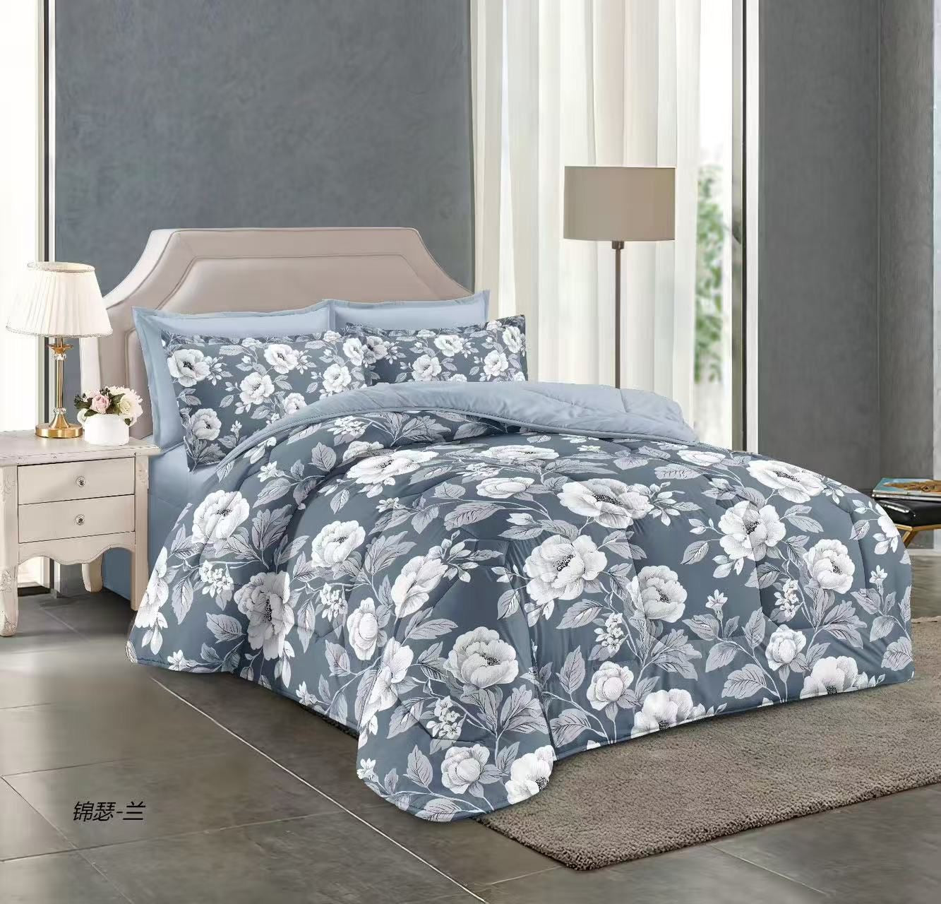 طقم لحاف مقاس كينج بنقشة زهور، 6 قطع - 220 × 240 سم