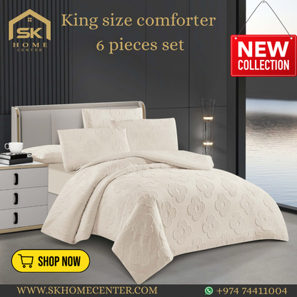King Size Comforter Set 6-Piece | Cotton Fabric with Embroidery | Bedding Set with Fitted Sheet and Pillowcases