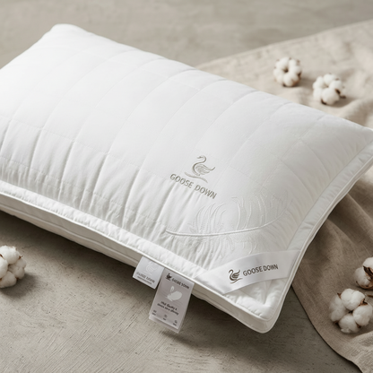 Premium quilted microfiber goose-down alternative pillow with branding and promotional text on a neutral background.