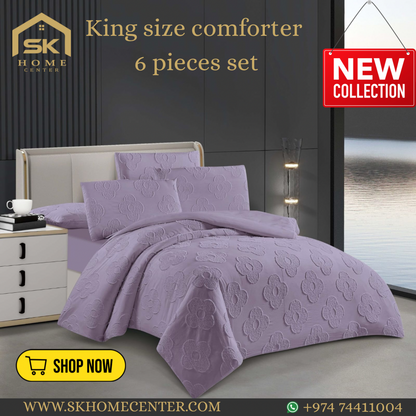 King Size Comforter Set 6-Piece | Cotton Fabric with Embroidery | Bedding Set with Fitted Sheet and Pillowcases