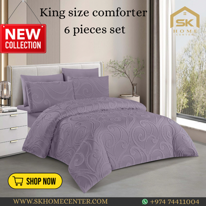 King Size Comforter Set 6-Piece | Cotton Fabric with Embroidery | Bedding Set with Fitted Sheet and Pillowcases