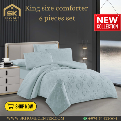 King Size Comforter Set 6-Piece | Cotton Fabric with Embroidery | Bedding Set with Fitted Sheet and Pillowcases