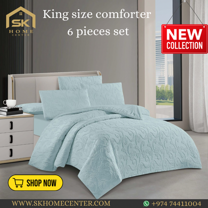 King Size Comforter Set 6-Piece | Cotton Fabric with Embroidery | Bedding Set with Fitted Sheet and Pillowcases