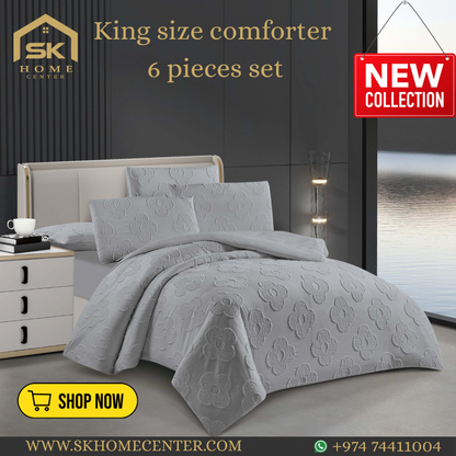 King Size Comforter Set 6-Piece | Cotton Fabric with Embroidery | Bedding Set with Fitted Sheet and Pillowcases