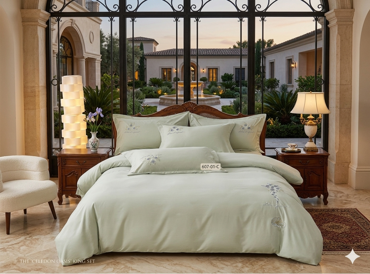 طقم لحاف قطني فاخر مطرز مكون من 6 قطع - مقاس كينج