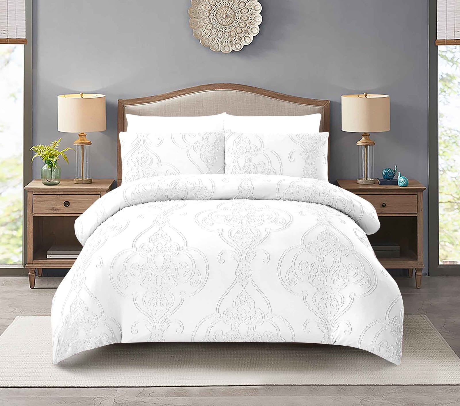 "King Size Solid Color Unique Cut Flower Design Bedding Set: Duvet Cover, Fitted Bedsheet, 4 Pillowcases" - SK HOME CENTER