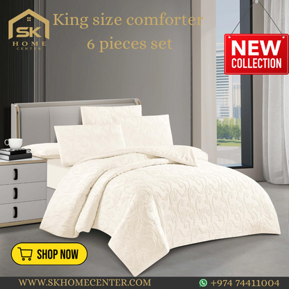 King Size Comforter Set 6-Piece | Cotton Fabric with Embroidery | Bedding Set with Fitted Sheet and Pillowcases