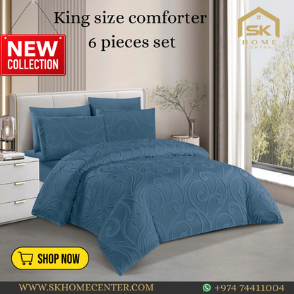 King Size Comforter Set 6-Piece | Cotton Fabric with Embroidery | Bedding Set with Fitted Sheet and Pillowcases