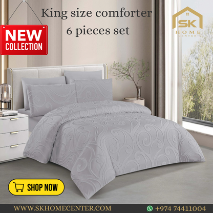 King Size Comforter Set 6-Piece | Cotton Fabric with Embroidery | Bedding Set with Fitted Sheet and Pillowcases