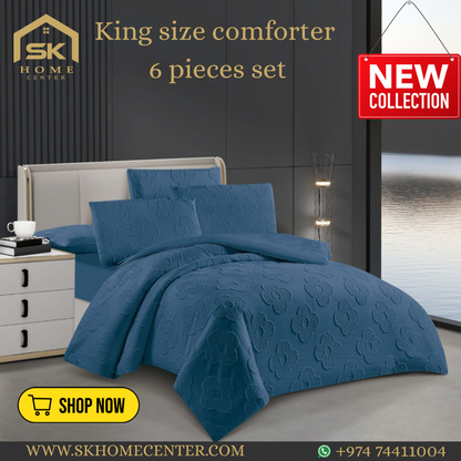 King Size Comforter Set 6-Piece | Cotton Fabric with Embroidery | Bedding Set with Fitted Sheet and Pillowcases