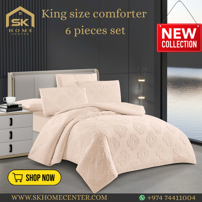 King Size Comforter Set 6-Piece | Cotton Fabric with Embroidery | Bedding Set with Fitted Sheet and Pillowcases