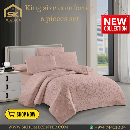 King Size Comforter Set 6-Piece | Cotton Fabric with Embroidery | Bedding Set with Fitted Sheet and Pillowcases