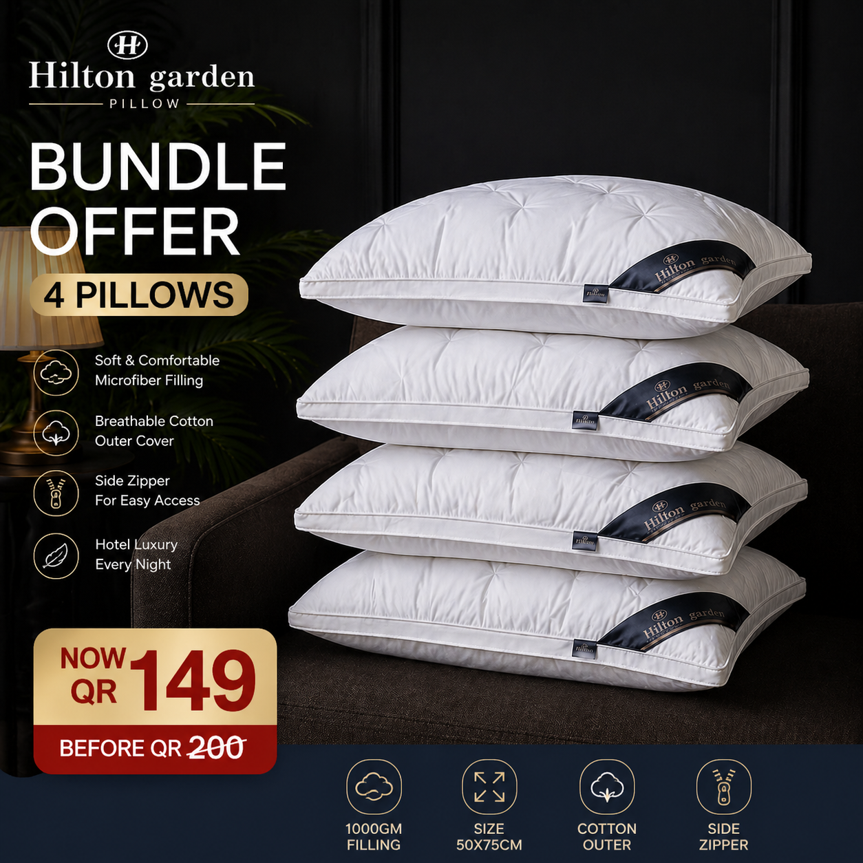 Hilton Garden Pillow – Microfiber Pillow with Cotton Cover 50x75cm | Soft & Supportive