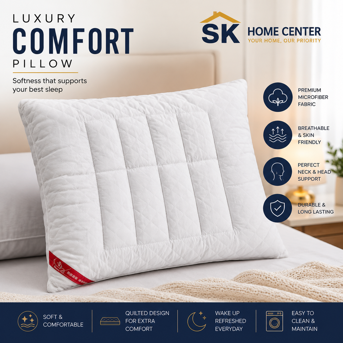 Luxury Magnetic Comfort Pillow – Soft Microfiber Sleeping Pillow with Breathable Mesh Design - SK HOME CENTER