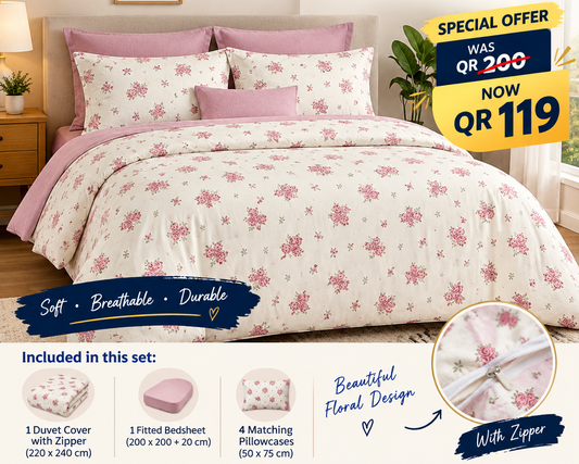 A 6-piece cotton duvet cover set by SK Home Center featuring a cream-colored duvet cover and matching pillowcases with a pink floral pattern, styled on a bed with pink solid pillows. The image includes promotional text overlays detailing the set contents, pricing, and product features.