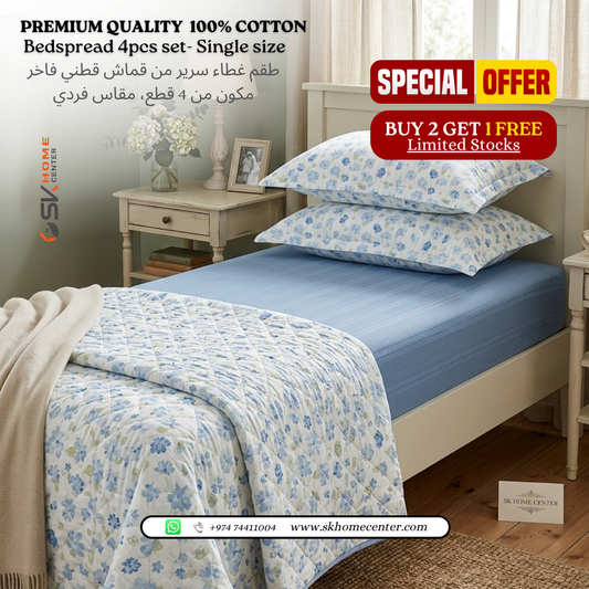 Buy 2 Get 1 Free ! Floral Premium 100% Cotton Lightweight Bedspread Set - 4 Piece Single Size (120x200cm)