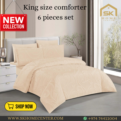 King Size Comforter Set 6-Piece | Cotton Fabric with Embroidery | Bedding Set with Fitted Sheet and Pillowcases