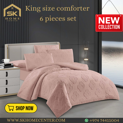 King Size Comforter Set 6-Piece | Cotton Fabric with Embroidery | Bedding Set with Fitted Sheet and Pillowcases