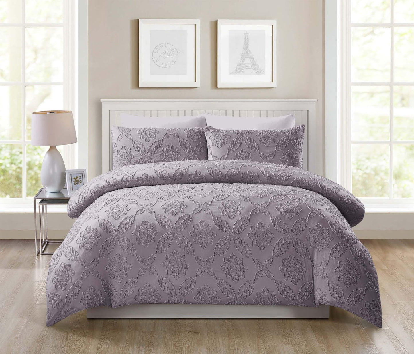 "King Size Solid Color Unique Cut Flower Design Bedding Set: Duvet Cover, Fitted Bedsheet, 4 Pillowcases" - SK HOME CENTER