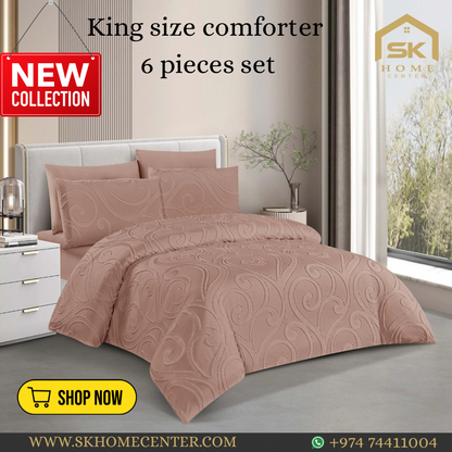King Size Comforter Set 6-Piece | Cotton Fabric with Embroidery | Bedding Set with Fitted Sheet and Pillowcases