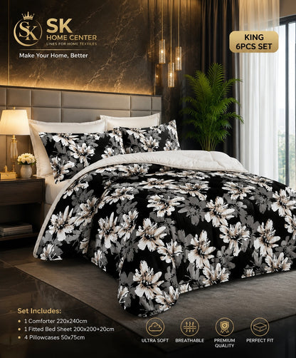 طقم لحاف مقاس كينج بنقشة زهور، 6 قطع - 220 × 240 سم