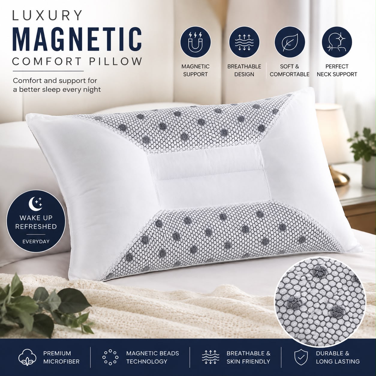Luxury Magnetic Comfort Pillow – Soft Microfiber Sleeping Pillow with Breathable Mesh Design