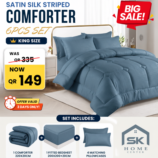 A promotional product graphic for a King Size satin silk striped comforter set. The main visual is a made bed in a bedroom setting wearing the blue striped comforter and matching pillowcases.