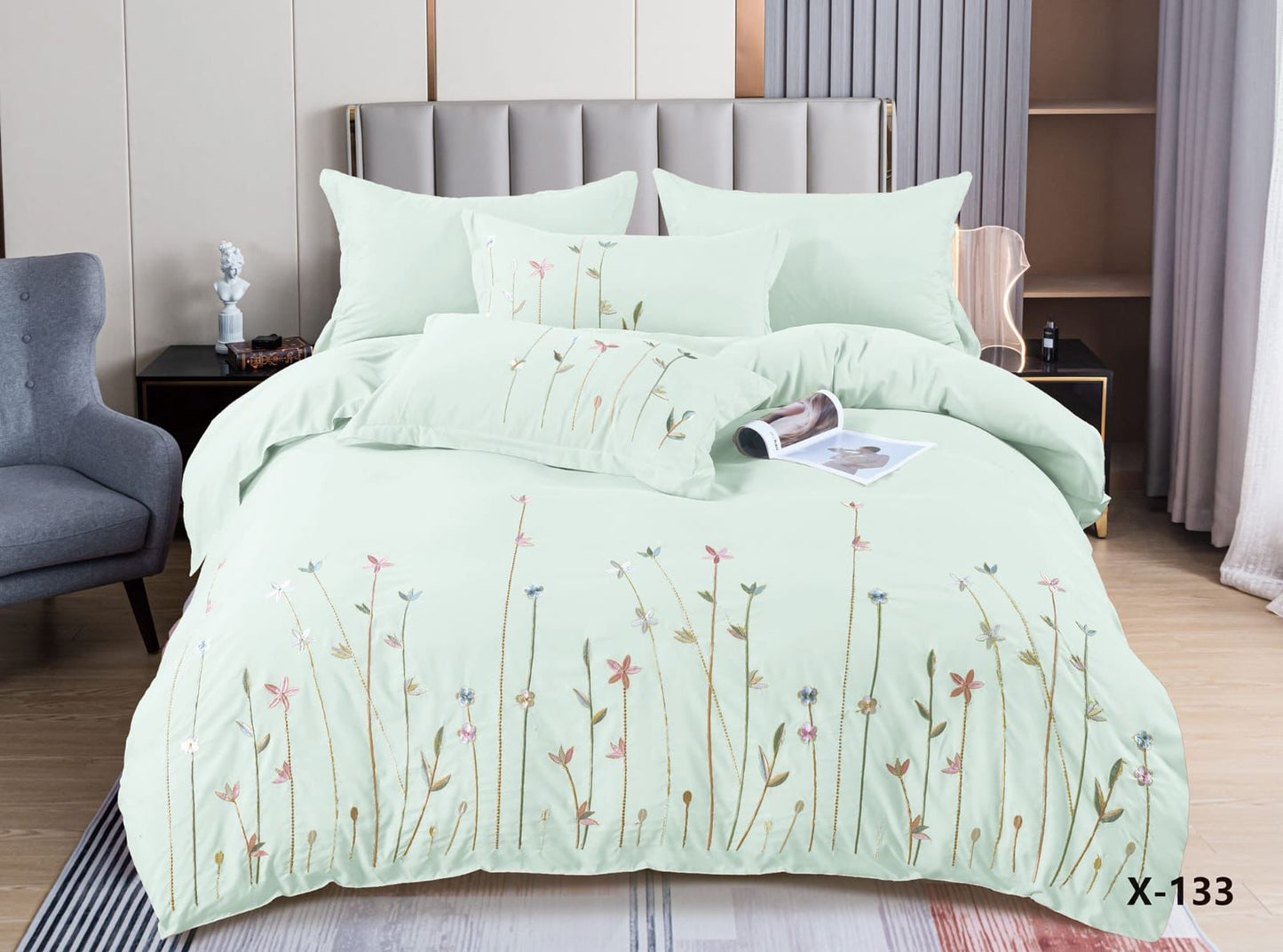 طقم غطاء لحاف مطرز - مقاس كينج (طقم من 6 قطع)